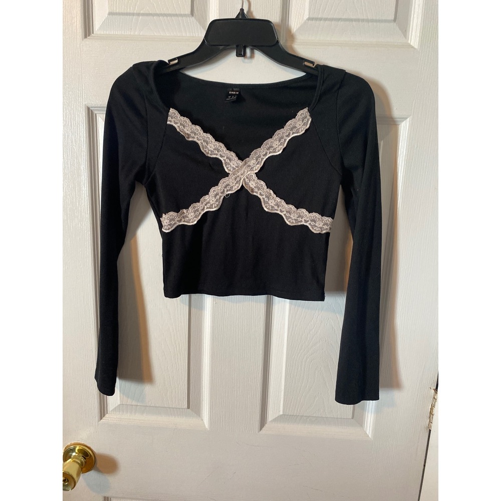 SHEIN‎ Black Ribbed Long Sleeve Crop Top White Lace Cross Detail Y2K Medium